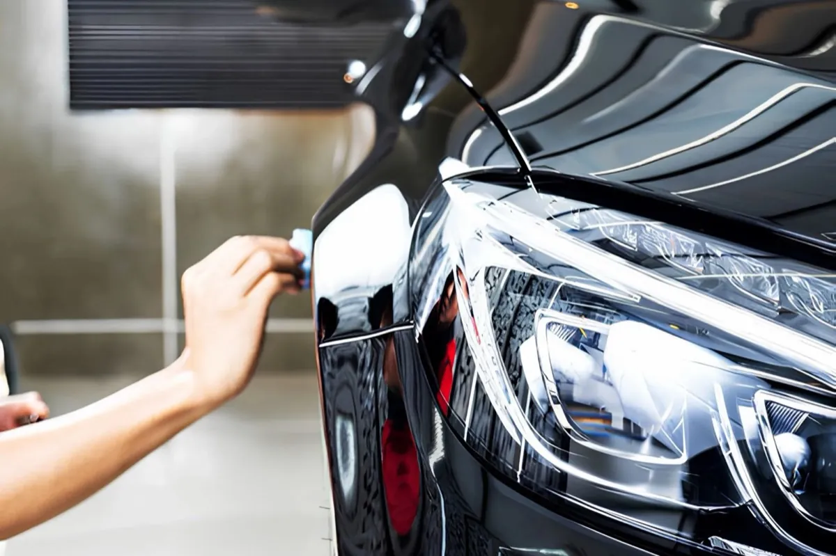 Een hand polijst de koplamp van een zwarte wagen